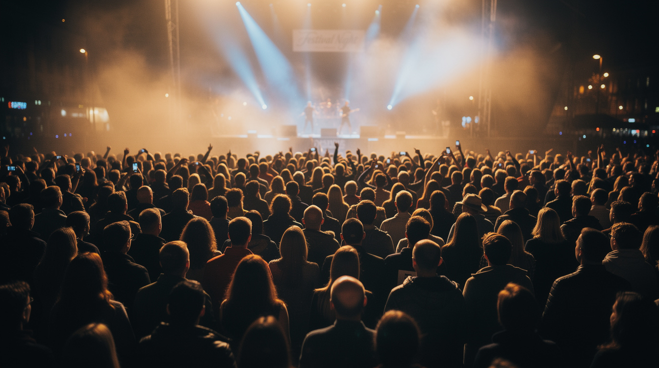 Silhouetten einer Menschenmenge im Bühnenlicht bei einem Konzert